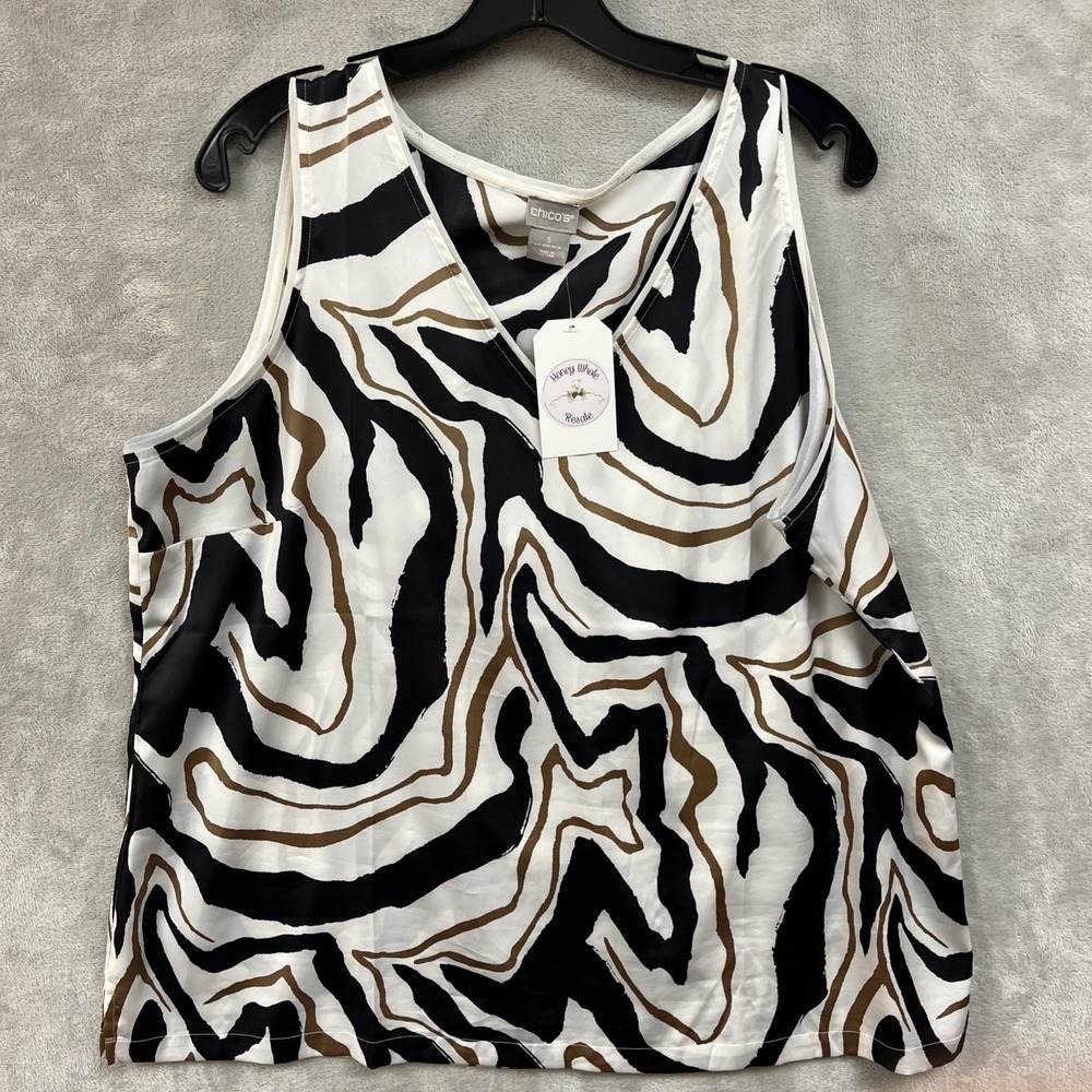 Chico's Top 3 16/18 Satin Old Money Sleeveless Shell Pullover V Neck‎ Abstract